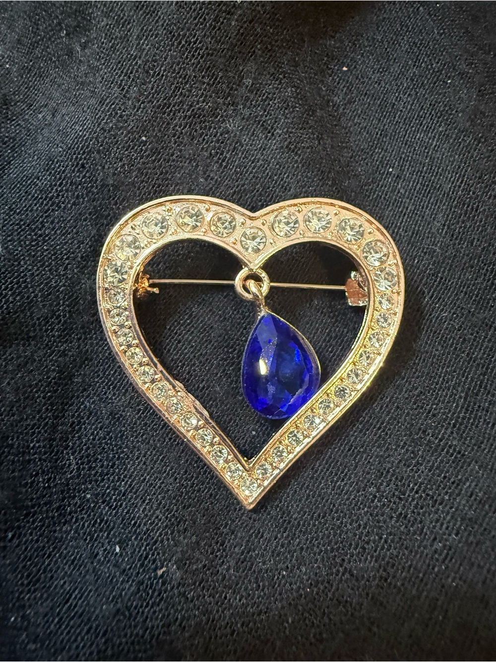 Gold Heart Brooch with Blue Teardrop Crystal